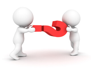 Two 3D Characters holding a red question mark symbol