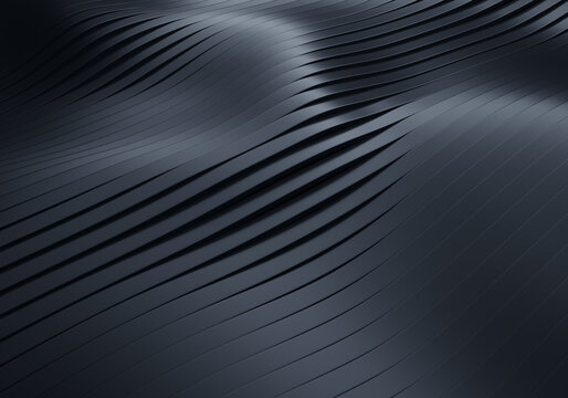 3D Rendering of Abstract Flowing Wavy Black Stripes Background with Soft Reflections and Shadows