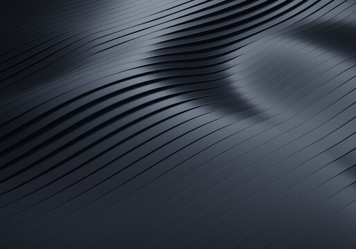 3D Rendering of Abstract Flowing Wavy Black Stripes Background with Soft Reflections and Shadows