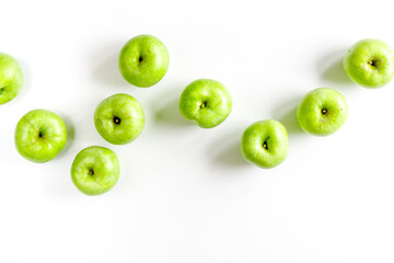 summer food with green apples on white background top view mock up