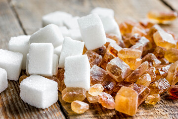 lumps of white and brown sugar on wooden table background