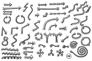 Large Hand Drawn Cartoon Vector Set Collection of Arrow Symbol Designs in Black and White