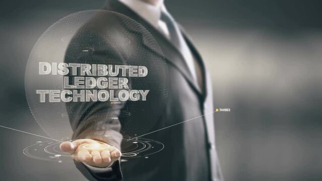 Distributed Ledger Technology with hologram businessman concept