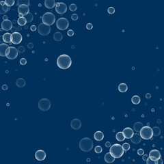 Random soap bubbles. Abstract chaotic scatter with random soap bubbles on deep blue background. Vector illustration.