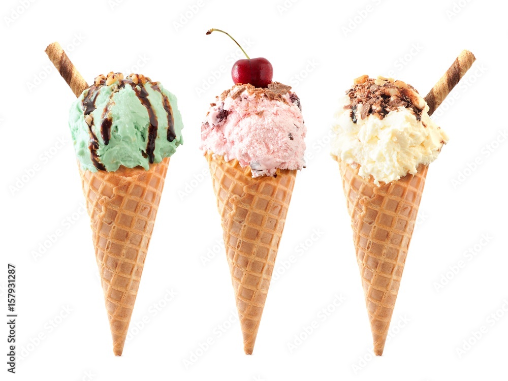 Poster pistachio, cherry and vanilla ice cream with topping in waffle cones isolated on a white background