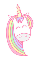 Cute and soft unicorn's head. Vector illustration doodle drawing, happy unicorn in light pastel baby colors.