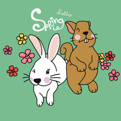 Hello spring rabbit and squirrel cartoon vector illustration