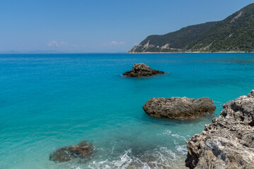Fototapeta na wymiar Panoramic view of Agios Nikitas Beach with blue waters, Lefkada, Ionian Islands, Greece