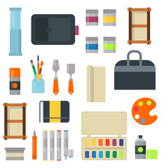 Painting art tools palette icon set flat vector illustration details stationery creative paint equipment.