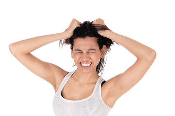 Angry woman messing her hair.