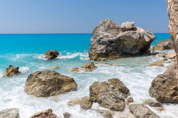 Amazing landscape of blue waters of Megali Petra Beach, Lefkada, Ionian Islands, Greece