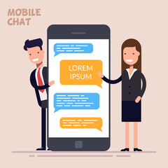 Instant messaging service. Messaging service. Sms messenger. Happy businessman or manager and woman is standing near a large phone or smartphone. Flat character isolated on color background.