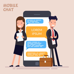 Instant messaging service. Messaging service. Sms messenger. Happy businessman or manager and woman is standing near a large phone or smartphone. Flat character isolated on color background.