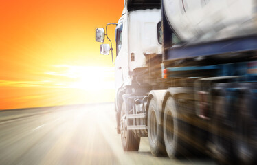 Semi Truck in Motion. Motion Blurred. Transportation and Collection.container truck ,transport and import-export commercial logistic ,shipping business industry ,Mixed media
