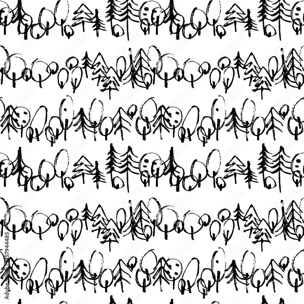 Poster minimalistic seamless pattern with hand drawn trees. stylish modern pattern with doodled tree. outli