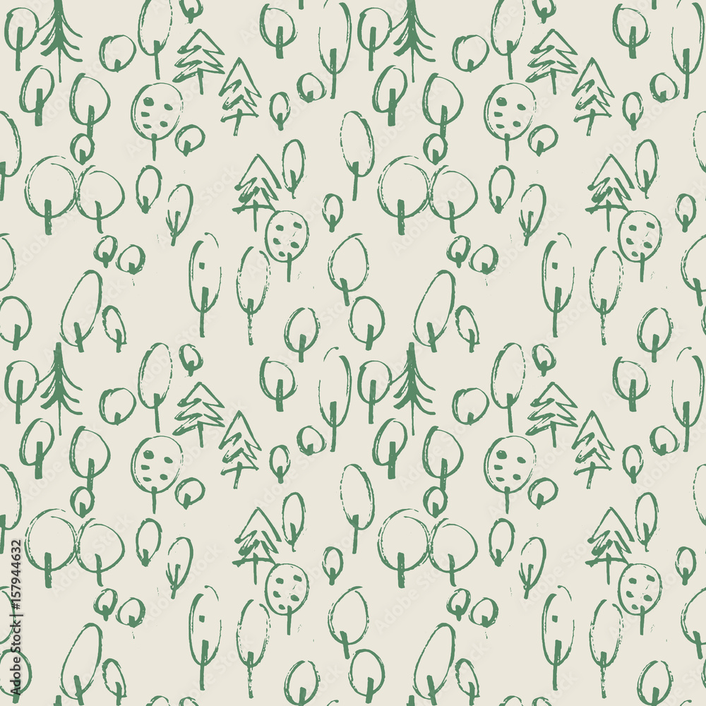 Poster minimalistic seamless pattern with hand drawn trees. stylish modern pattern with doodled tree. outli