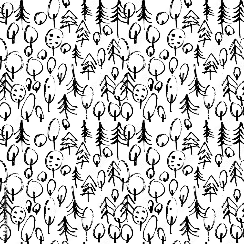 Poster minimalistic seamless pattern with hand drawn trees. stylish modern pattern with doodled tree. outli