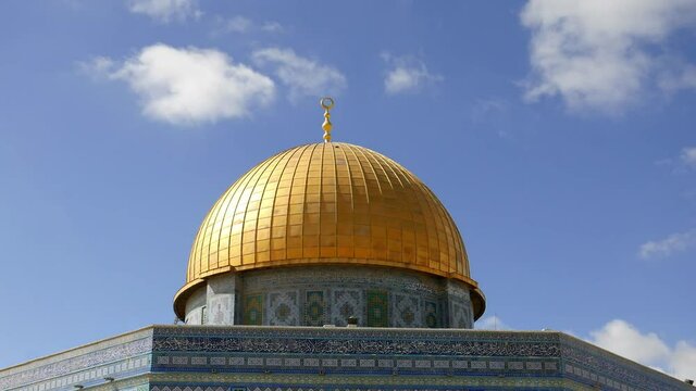 Dome of the Rock in Jerusalem over the Temple Mount timelapse. Golden Dome is the most known mosque and landmark in Jerusalem.
