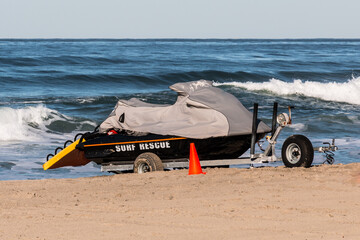 Lifeguard jet ski rescue vehicle at Mission Beach in San Diego, California.