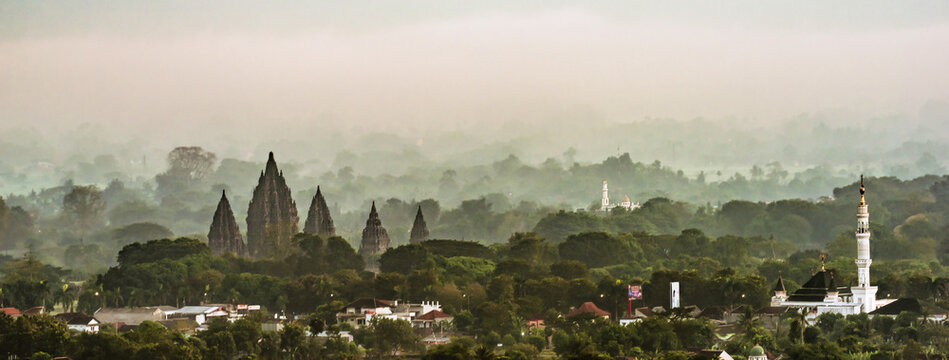 Prambanan Temple foggy morning