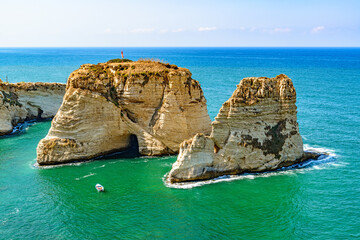 Naklejka premium Sabah Nassar's Rock at Raouche in Beirut, Lebanon. It is known as the Pigeons' Rock.