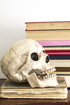 Vintage books in pile with scull open mouth on the shelf