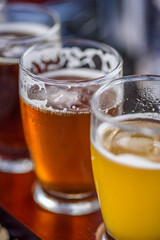 macro of beer flight glasses in sunlight