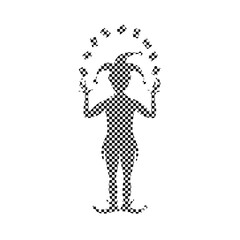 Black and white checked silhouette of Joker playing with cards 