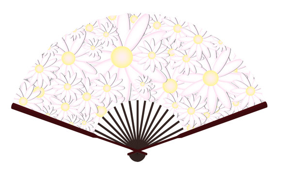 Ancient Traditional Japanese fan with Marguerite Painting 