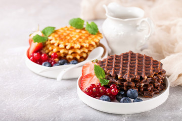 Wafers with berries. Selective focus. Copy space