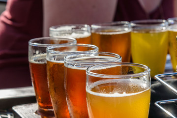 Beer sampler at outdoor beer garden with woman's arm in background