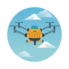 circular frame with sky landscape scene and yellow robot drone with four airscrew and pair of telescope vector illustration