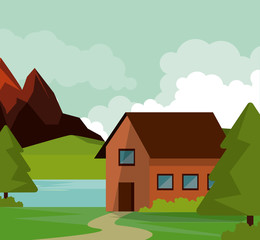 colorful background of natural landscape with country house and mountains and river vector illustration