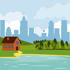 colorful background of natural landscape with country house and mountains and lake and city background vector illustration