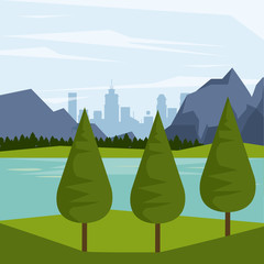 colorful background of natural landscape with mountains and river and city background vector illustration