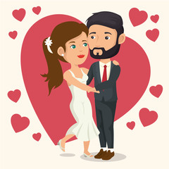 Dancing married couple with red hearts over white background. Vector illustration.