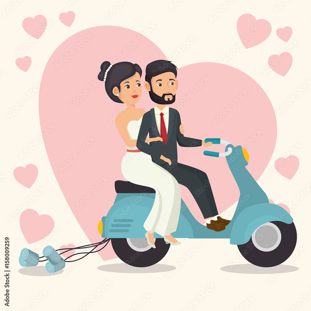 Poster just married couple in motorcycle with tin cans and hearts over white background. vector illustratio