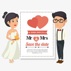 Wedding invitation with bride and groom over white background. Vector illustration.