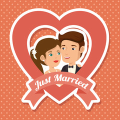 Just married  with heart shaped frame sitcker over peach dotted background. Vector illustration.