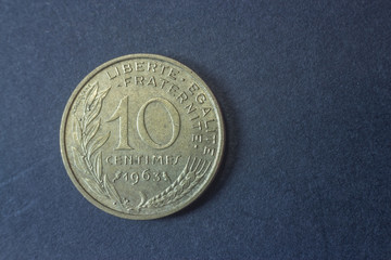 Ten centimes of Franc France 1963 tail coin, vintage old, difficult and rare to find.