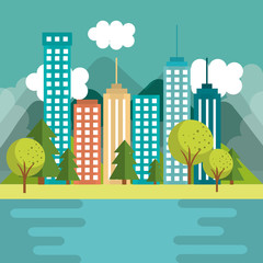 City buildings design with mountains trees fog and green grass vector illustration