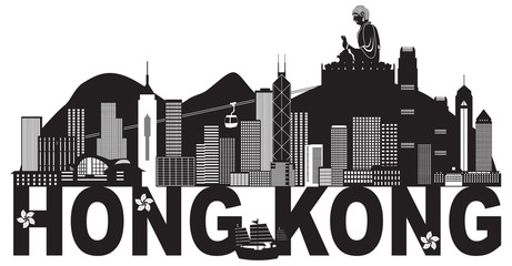 Obraz premium Hong Kong Skyline Buddha Statue Text Black and White vector Illustration