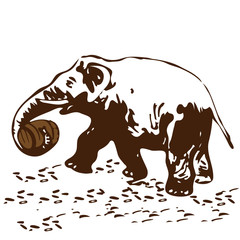 Illustration ELEPHANT, with a barrel, color brown on a white background SILHOUETTE