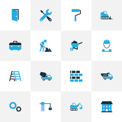 Fototapeta na wymiar Construction Colorful Icons Set. Collection Of Barrow, Building, Open And Other Elements. Also Includes Symbols Such As Truck, Crane, Home.