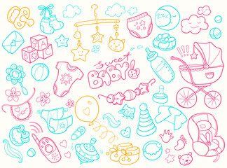 Newborn infant themed doodle set. Baby care, feeding, clothing, 