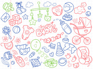 Fototapeta na wymiar Newborn infant themed doodle set. Baby care, feeding, clothing, 