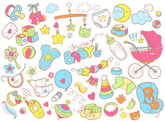 Newborn infant themed doodle set. Baby care, feeding, clothing, 