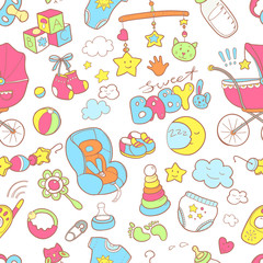 Newborn infant themed doodle seamless pattern. Baby care, feedin