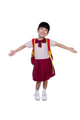 Asian Little Chinese girl in school uniform with school bag
