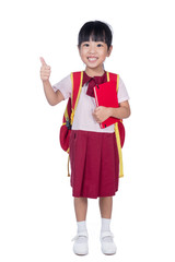 Asian Little Chinese girl in school uniform with school bag